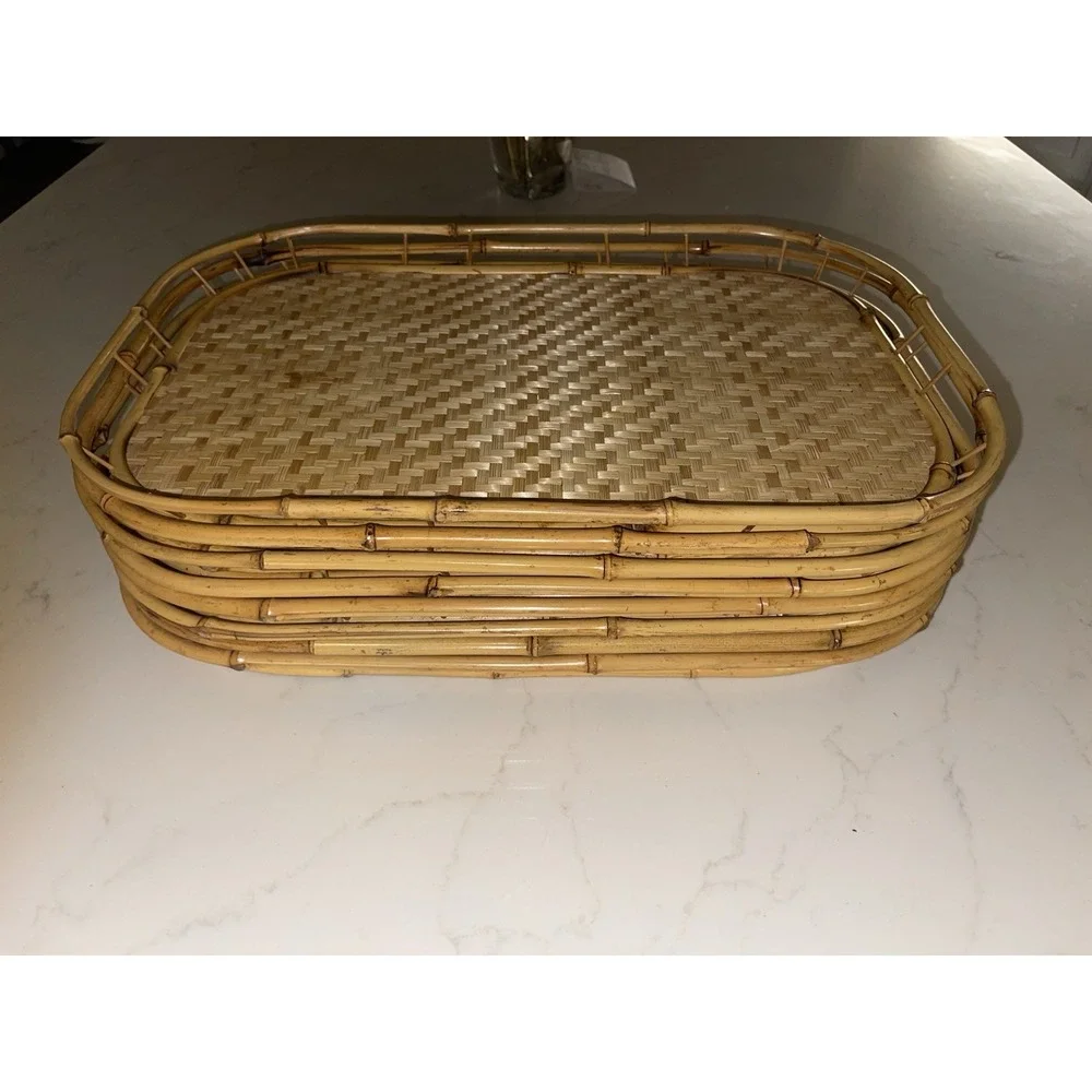 Vintage Mid Century Wicker Rattan Bamboo‎ Serving Trays Tiki Lap Stacking- 8